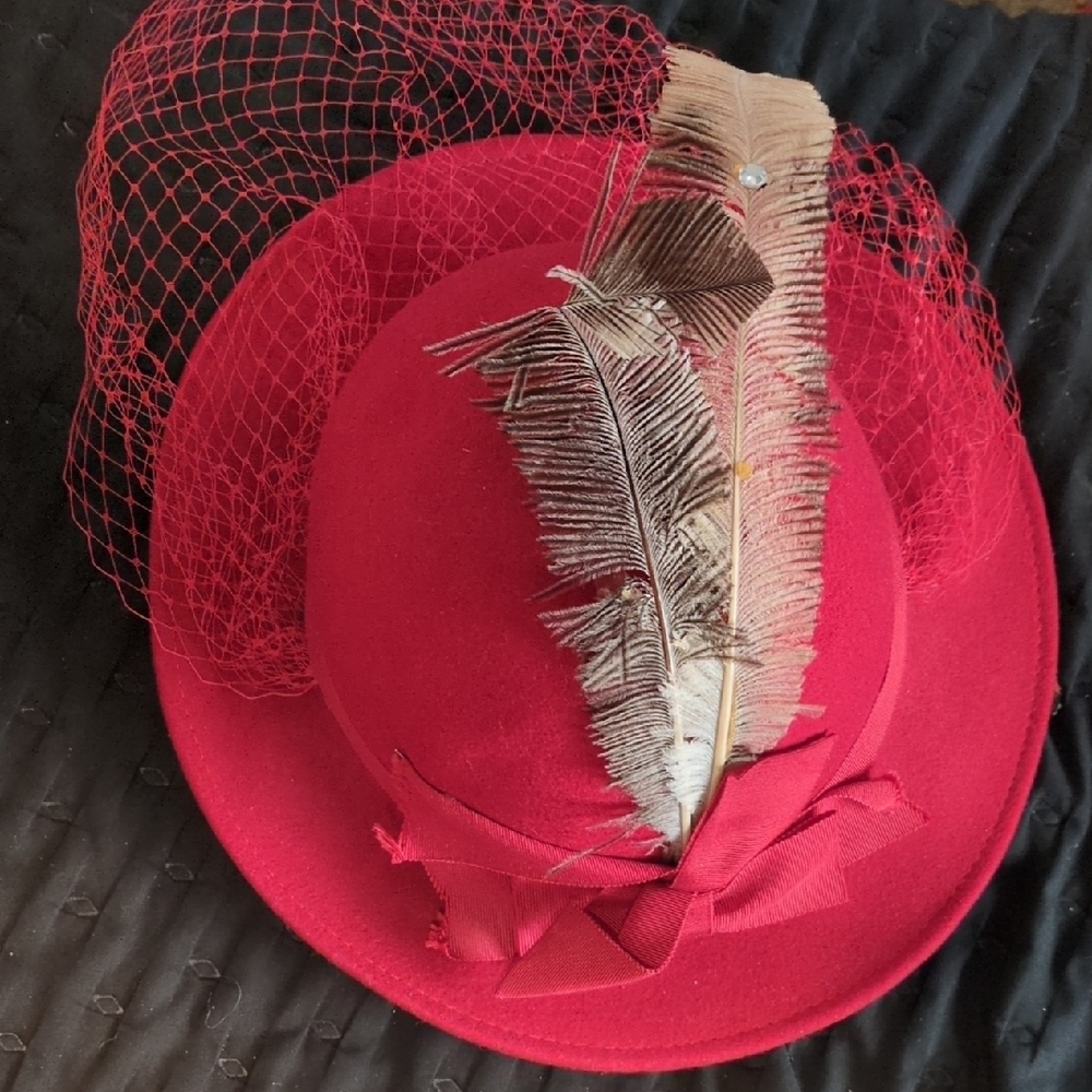 Elegant Red Fascinator Hat with Black Veil